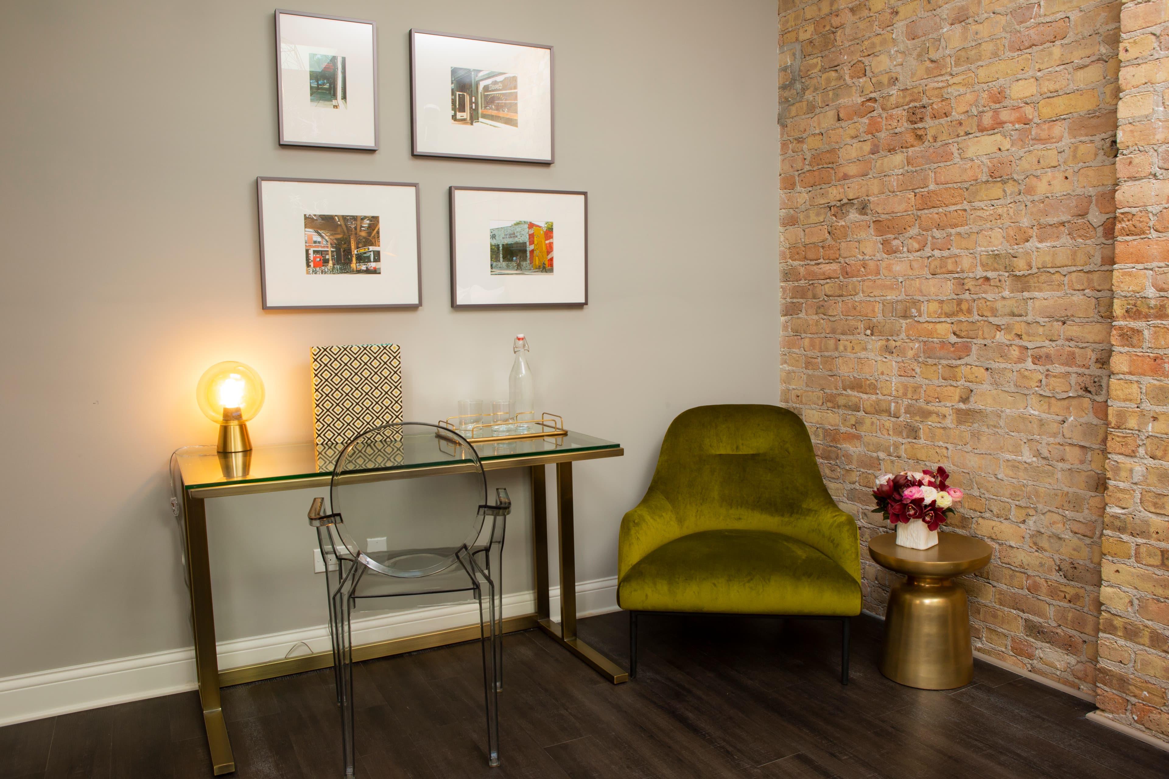 The other side of the Pierce room, with velvet armchair by a skylit desk