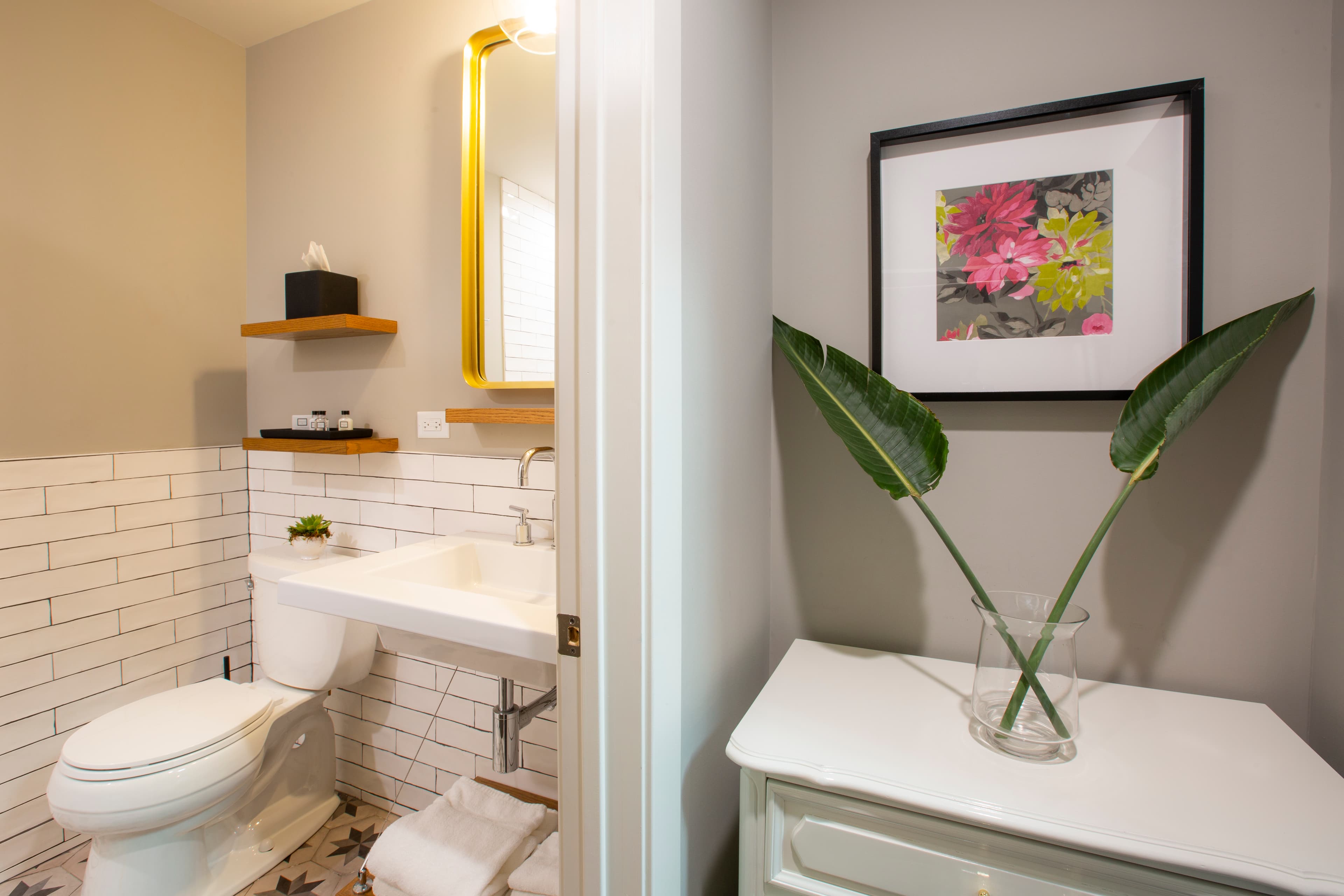 The Pierce bathroom, with fluffy towels, complimentary toiletries and large sink