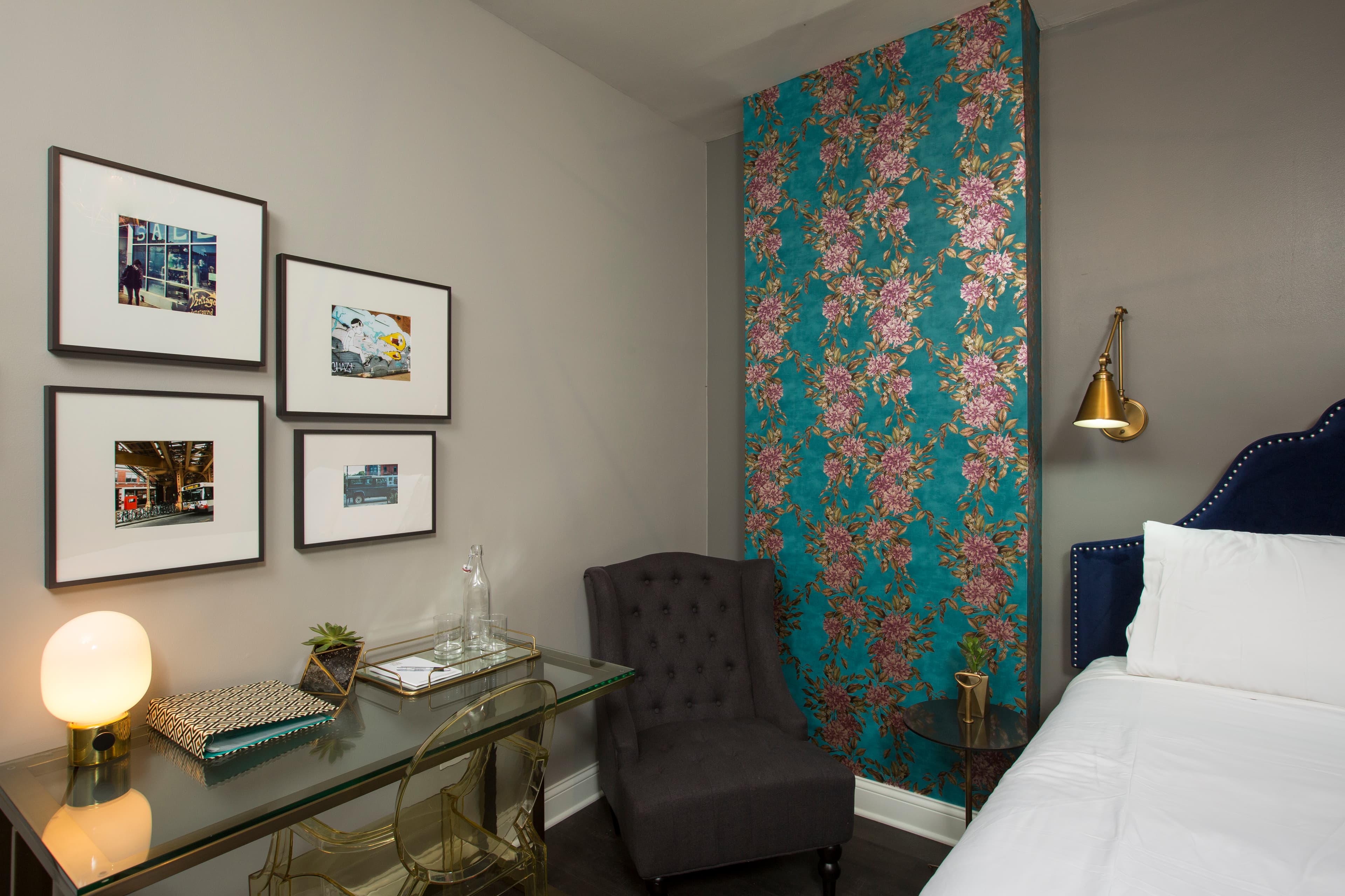 Wabansia's guest room includes a cozy seating area