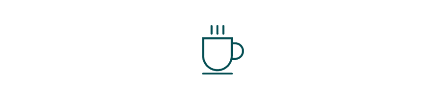 A simple line illustration of a steaming coffee cup.