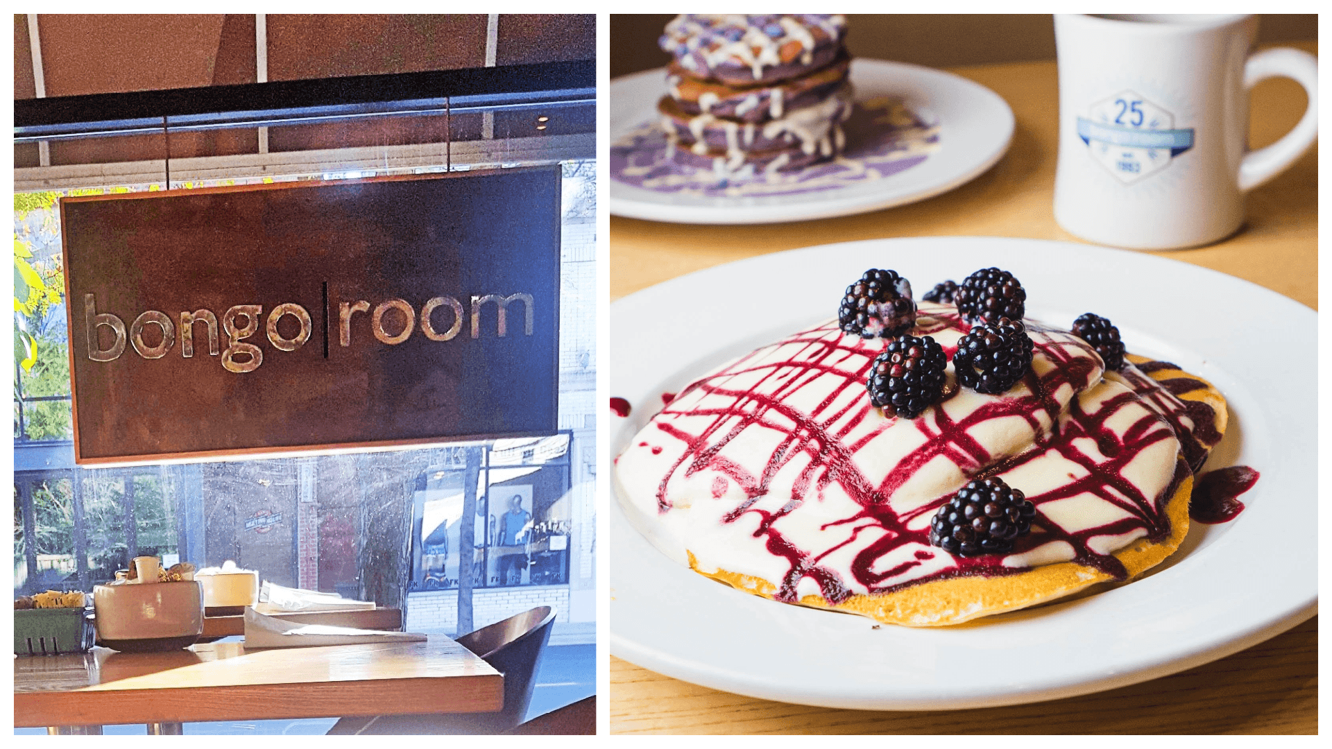 Image of a café sign reading "bongo room" alongside a plate of pancakes topped with blackberries and berry sauce.