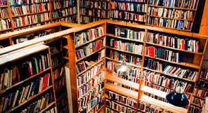 A spacious library filled with books on wooden shelves.